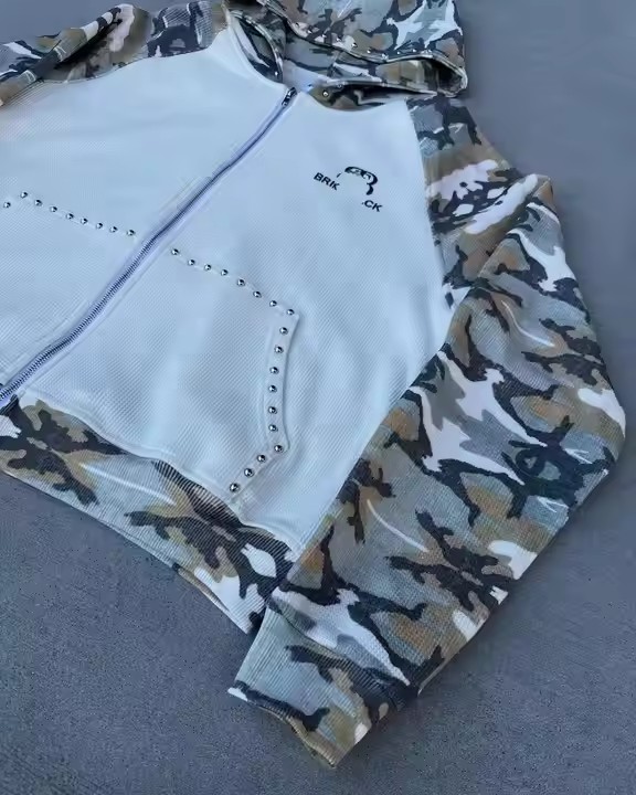 Custom 100% Cotton Men's Super Heavy Camouflage Waffle Knit Hoodie Full Zip-up with Hooded Collar Garment Dyed Washed Size XXS