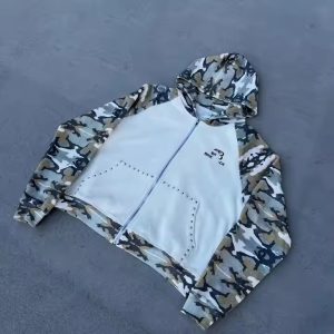 Custom 100% Cotton Men's Super Heavy Camouflage Waffle Knit Hoodie Full Zip-up with Hooded Collar Garment Dyed Washed Size XXS