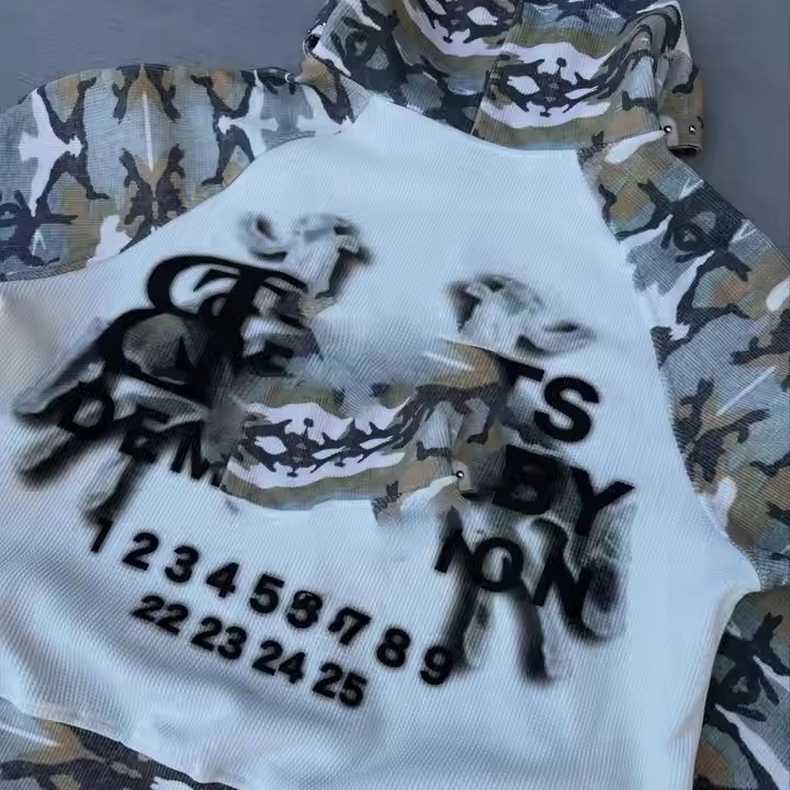 Custom 100% Cotton Men's Super Heavy Camouflage Waffle Knit Hoodie Full Zip-up with Hooded Collar Garment Dyed Washed Size XXS