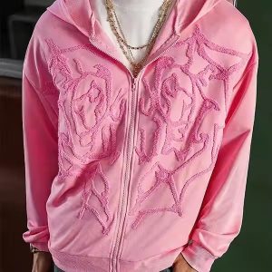 High Quality OEM French Terry Street 500 Gsm Cotton Hoodie Style Oversized 3D Embroidery Hooded Flock Printed Zipper Pink Hoodie