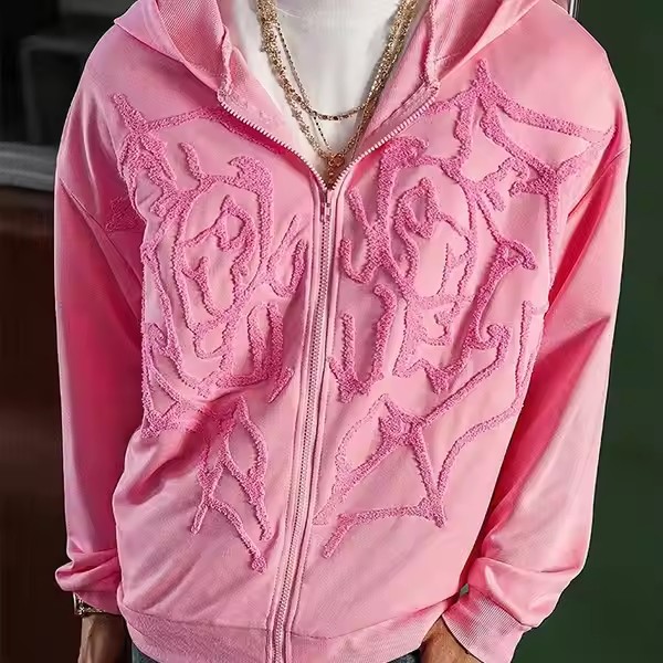 High Quality OEM French Terry Street 500 Gsm Cotton Hoodie Style Oversized 3D Embroidery Hooded Flock Printed Zipper Pink Hoodie