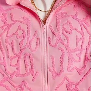 High Quality OEM French Terry Street 500 Gsm Cotton Hoodie Style Oversized 3D Embroidery Hooded Flock Printed Zipper Pink Hoodie