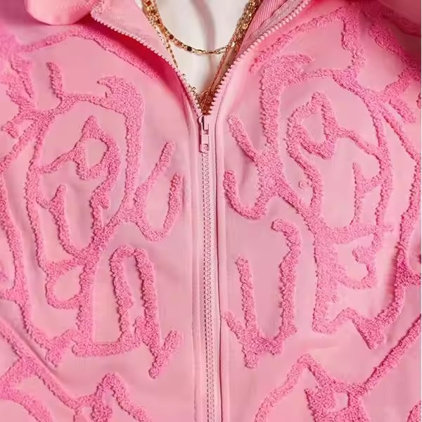 High Quality OEM French Terry Street 500 Gsm Cotton Hoodie Style Oversized 3D Embroidery Hooded Flock Printed Zipper Pink Hoodie