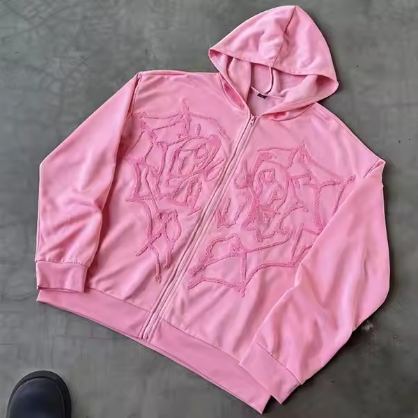 High Quality OEM French Terry Street 500 Gsm Cotton Hoodie Style Oversized 3D Embroidery Hooded Flock Printed Zipper Pink Hoodie