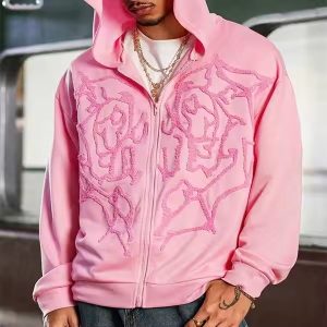 High Quality OEM French Terry Street 500 Gsm Cotton Hoodie Style Oversized 3D Embroidery Hooded Flock Printed Zipper Pink Hoodie