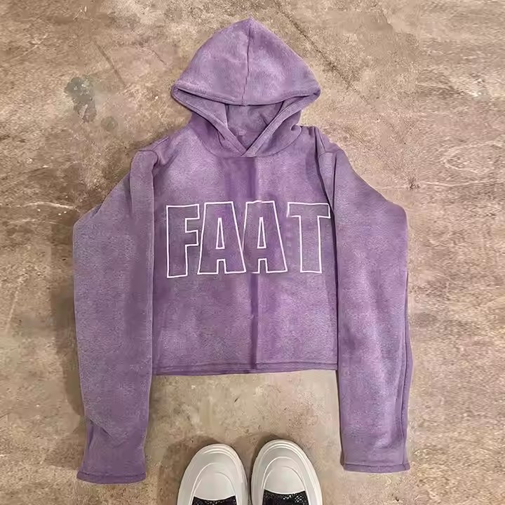 Pullover Sweatshirt Cotton French Terry Embroidery Patch Cropped Unisex Acid Wash Vintage Distressed Applique Hoodies Men