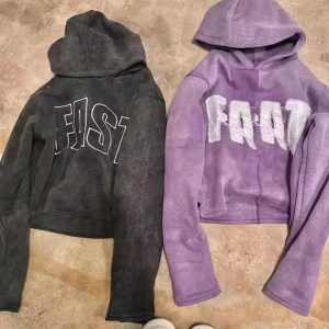 Pullover Sweatshirt Cotton French Terry Embroidery Patch Cropped Unisex Acid Wash Vintage Distressed Applique Hoodies Men