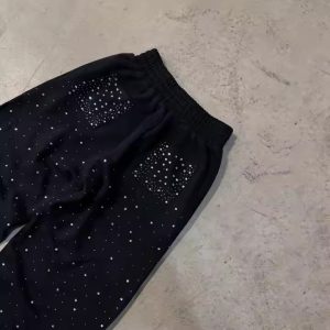 Acid Washed Distress Rhinestone 100% Cotton Sweatpants Oversized Zip up Pocket Heavyweight Sweatpants for Men