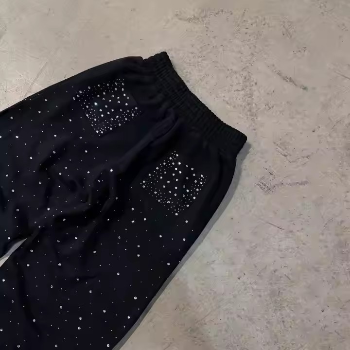 Acid Washed Distress Rhinestone 100% Cotton Sweatpants Oversized Zip up Pocket Heavyweight Sweatpants for Men