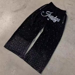 Acid Washed Distress Rhinestone 100% Cotton Sweatpants Oversized Zip up Pocket Heavyweight Sweatpants for Men