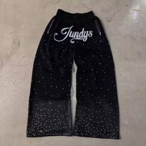 Acid Washed Distress Rhinestone 100% Cotton Sweatpants Oversized Zip up Pocket Heavyweight Sweatpants for Men