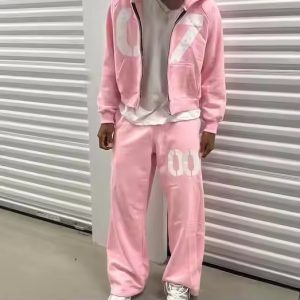 Customized Cotton Two Piece Tracksuit Pink Screen Print Joggers Flared Sweatpants and Hoodie Set for Men Streetwear Sweatsuit
