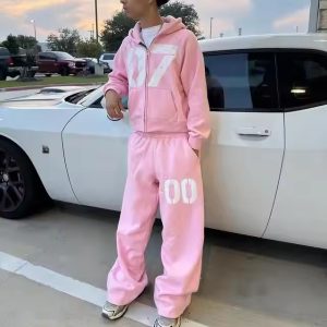 Customized Cotton Two Piece Tracksuit Pink Screen Print Joggers Flared Sweatpants and Hoodie Set for Men Streetwear Sweatsuit