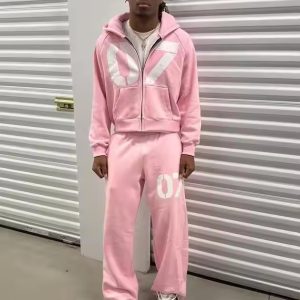 Customized Cotton Two Piece Tracksuit Pink Screen Print Joggers Flared Sweatpants and Hoodie Set for Men Streetwear Sweatsuit