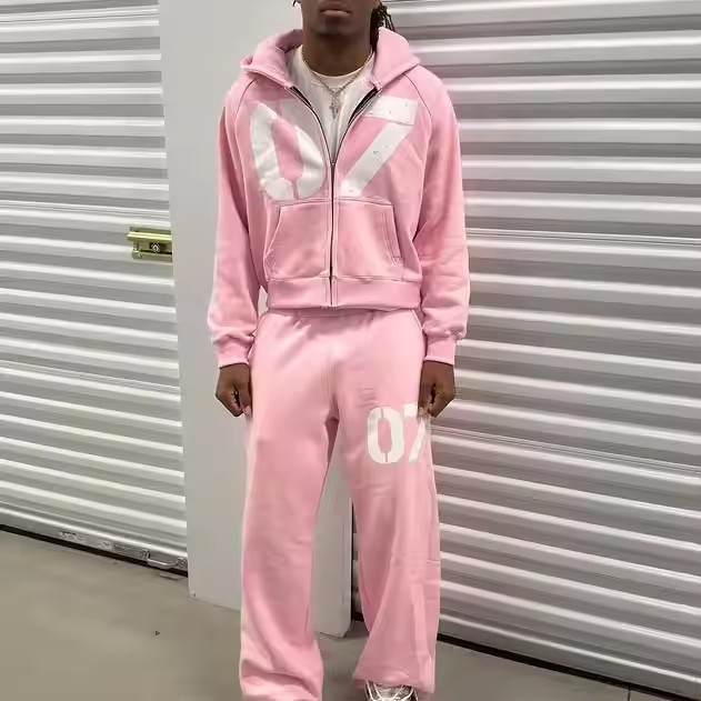 Customized Cotton Two Piece Tracksuit Pink Screen Print Joggers Flared Sweatpants and Hoodie Set for Men Streetwear Sweatsuit