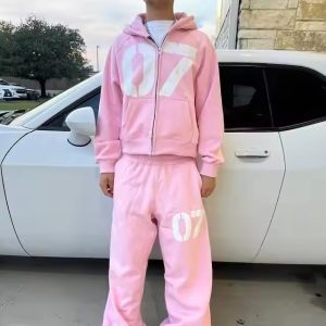 Customized Cotton Two Piece Tracksuit Pink Screen Print Joggers Flared Sweatpants and Hoodie Set for Men Streetwear Sweatsuit