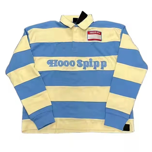 Custom Stripes High Quality Oversized Embroidery T Shirt for Men Manufacturer 100% Cotton Long Sleeve Button Polo T-Shirt