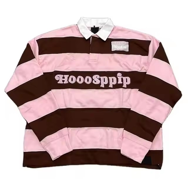 Custom Stripes High Quality Oversized Embroidery T Shirt for Men Manufacturer 100% Cotton Long Sleeve Button Polo T-Shirt