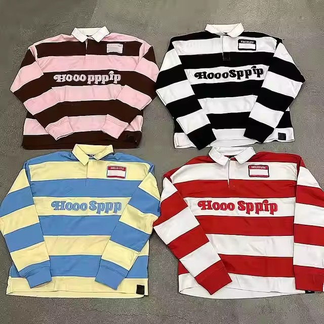 Custom Stripes High Quality Oversized Embroidery T Shirt for Men Manufacturer 100% Cotton Long Sleeve Button Polo T-Shirt