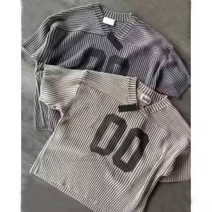 Custom Logo Men's Print Pattern Short Sleeve Sweater T Shirt Boxy Streetwear Knitted Jersey Knit Top T-Shirt for Men