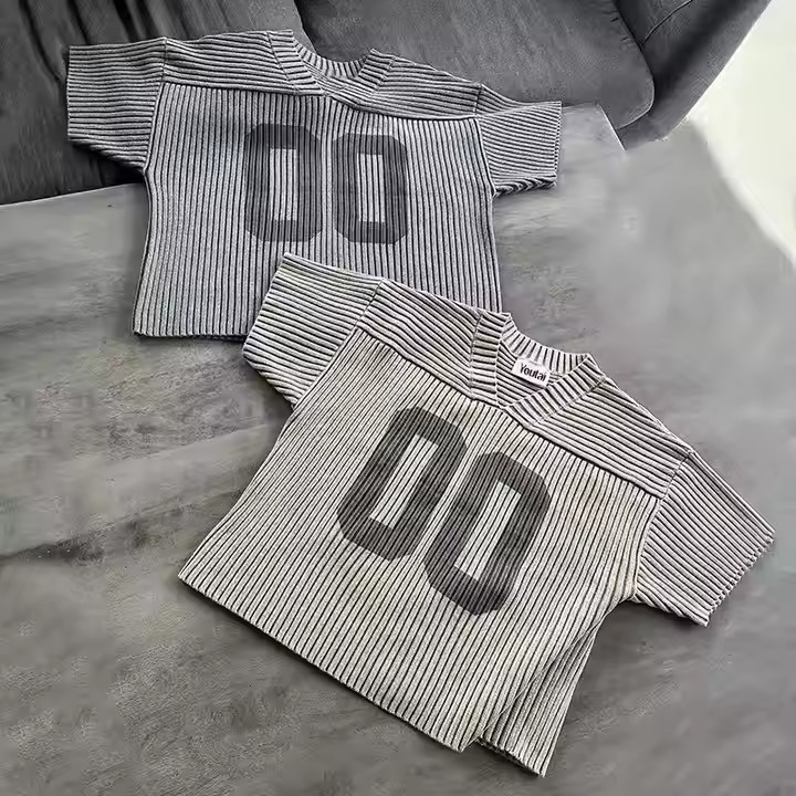 Custom Logo Men's Print Pattern Short Sleeve Sweater T Shirt Boxy Streetwear Knitted Jersey Knit Top T-Shirt for Men