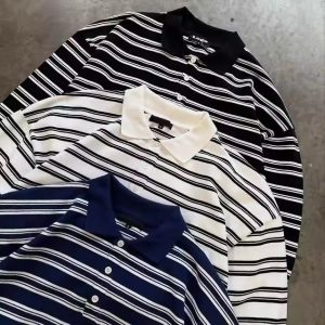 Manufacturer Custom Stripe Cut Edge Black White Blank Polo T Shirt for Men Vintage Long Sleeve Cotton Polos Pour De Hombre