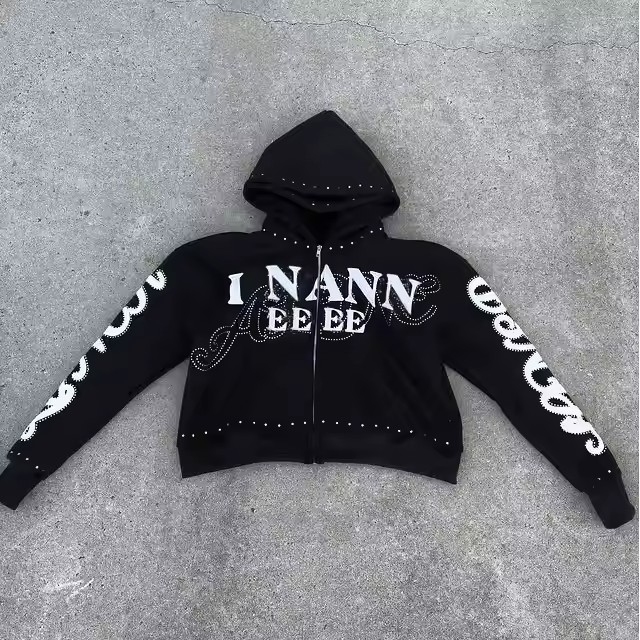 Us Free Tax Factory Custom Heavyweight 450 Gsm Distressed Zip up Hoodie Men Streetwear Print Sudaderas Hombre Rhinestones Hoodie