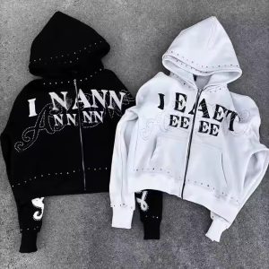 Us Free Tax Factory Custom Heavyweight 450 Gsm Distressed Zip up Hoodie Men Streetwear Print Sudaderas Hombre Rhinestones Hoodie