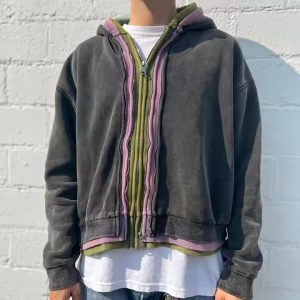 Custom Men'S Hooded Sweatshirts Vintage Heavyweight Hoodie 450 500 Gsm Cotton Double Zipper Acid Wash Triple Layer Zip up Hoodie