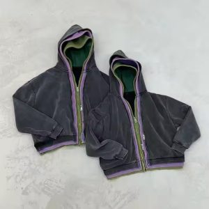 Custom Men'S Hooded Sweatshirts Vintage Heavyweight Hoodie 450 500 Gsm Cotton Double Zipper Acid Wash Triple Layer Zip up Hoodie