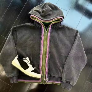 Custom Men'S Hooded Sweatshirts Vintage Heavyweight Hoodie 450 500 Gsm Cotton Double Zipper Acid Wash Triple Layer Zip up Hoodie