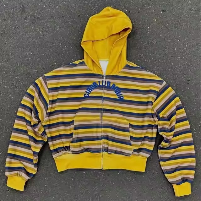 2025 Hot Sale Manufacturer Custom Striped Zip up Hoodie Men Heavyweight Streetwear Cotton 450 Gsm Acid Wash Sudaderas Hombre