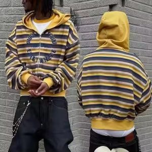 2025 Hot Sale Manufacturer Custom Striped Zip up Hoodie Men Heavyweight Streetwear Cotton 450 Gsm Acid Wash Sudaderas Hombre