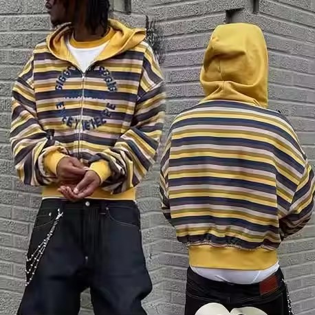 2025 Hot Sale Manufacturer Custom Striped Zip up Hoodie Men Heavyweight Streetwear Cotton 450 Gsm Acid Wash Sudaderas Hombre