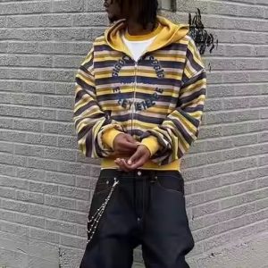 2025 Hot Sale Manufacturer Custom Striped Zip up Hoodie Men Heavyweight Streetwear Cotton 450 Gsm Acid Wash Sudaderas Hombre