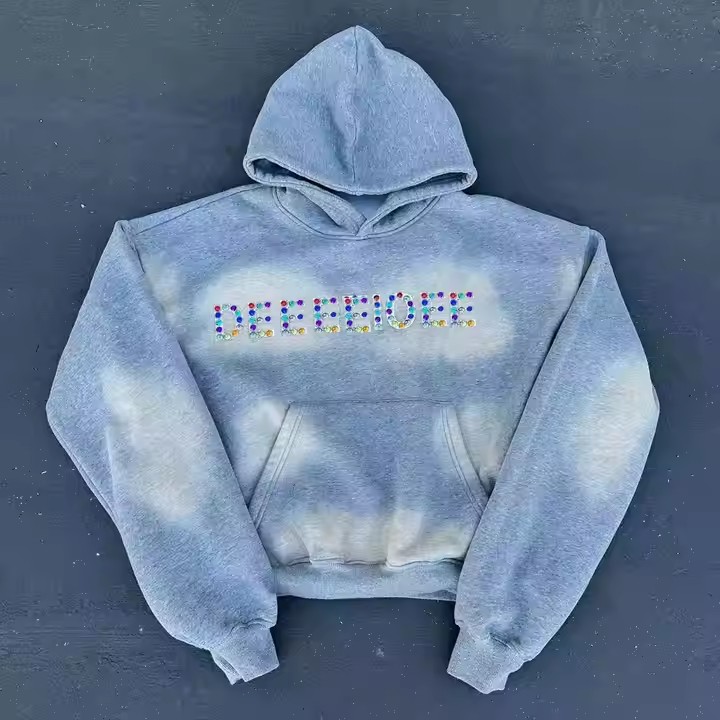 Custom Streetwear Rhinestones Logo Pullover Men's Hoodie Heavy Weight Acid Wash Gym Boxy Drop Shoulder Oversized Hoodies for Men