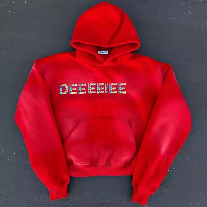 Custom Streetwear Rhinestones Logo Pullover Men's Hoodie Heavy Weight Acid Wash Gym Boxy Drop Shoulder Oversized Hoodies for Men