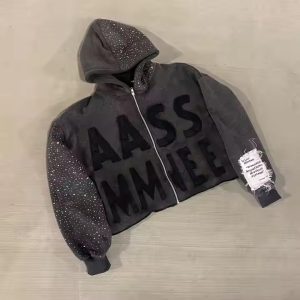 Custom Vintage French Terry Acid Wash Zip up Hoodie Distressed Y2k Cotton Embroidery Rhinestone Cropped Raw Hem Hoodies for Men