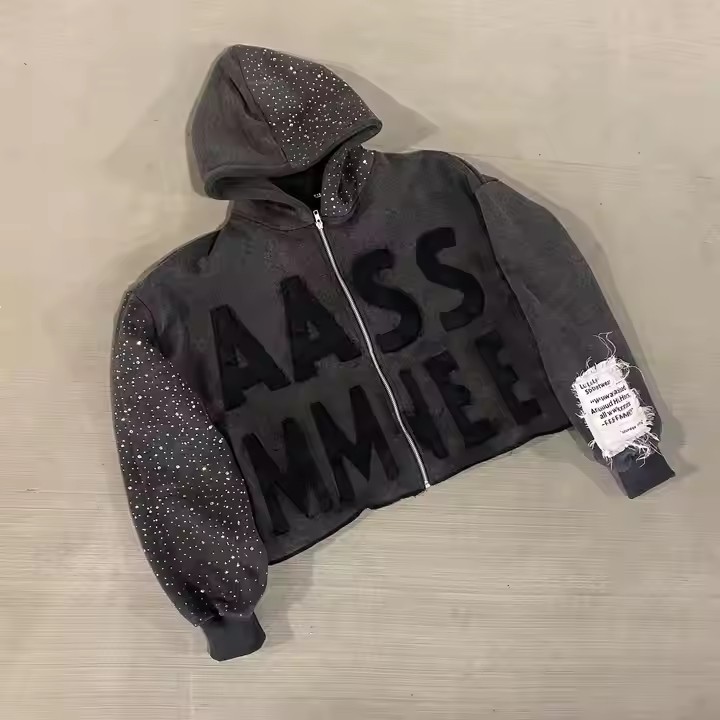 Custom Vintage French Terry Acid Wash Zip up Hoodie Distressed Y2k Cotton Embroidery Rhinestone Cropped Raw Hem Hoodies for Men