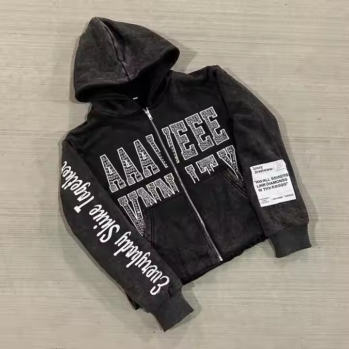 Custom Vintage French Terry Acid Wash Zip up Hoodie Distressed Y2k Cotton Embroidery Rhinestone Cropped Raw Hem Hoodies for Men