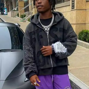Custom Vintage French Terry Acid Wash Zip up Hoodie Distressed Y2k Cotton Embroidery Rhinestone Cropped Raw Hem Hoodies for Men
