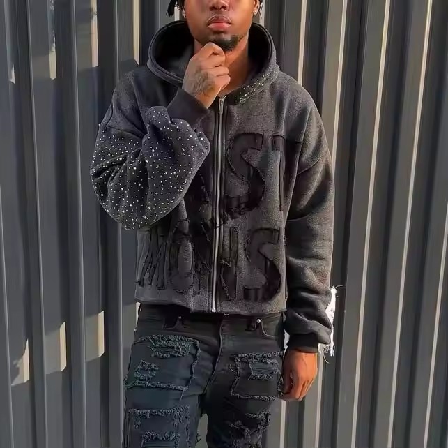 Custom Vintage French Terry Acid Wash Zip up Hoodie Distressed Y2k Cotton Embroidery Rhinestone Cropped Raw Hem Hoodies for Men