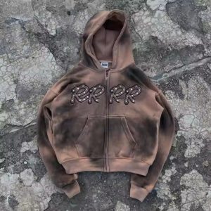 Heavyweight Hoodie Manufacture 450gsm Boxy Distressed Acid Washed Oversized Rhinestone Hoodie Customized Zip up Men'S Hoodies