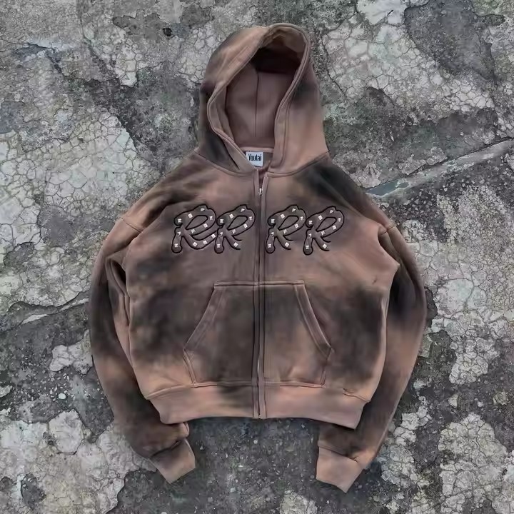 Heavyweight Hoodie Manufacture 450gsm Boxy Distressed Acid Washed Oversized Rhinestone Hoodie Customized Zip up Men'S Hoodies