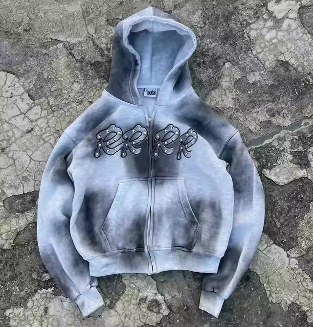 Heavyweight Hoodie Manufacture 450gsm Boxy Distressed Acid Washed Oversized Rhinestone Hoodie Customized Zip up Men'S Hoodies
