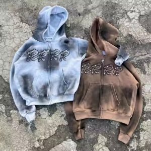 Heavyweight Hoodie Manufacture 450gsm Boxy Distressed Acid Washed Oversized Rhinestone Hoodie Customized Zip up Men'S Hoodies