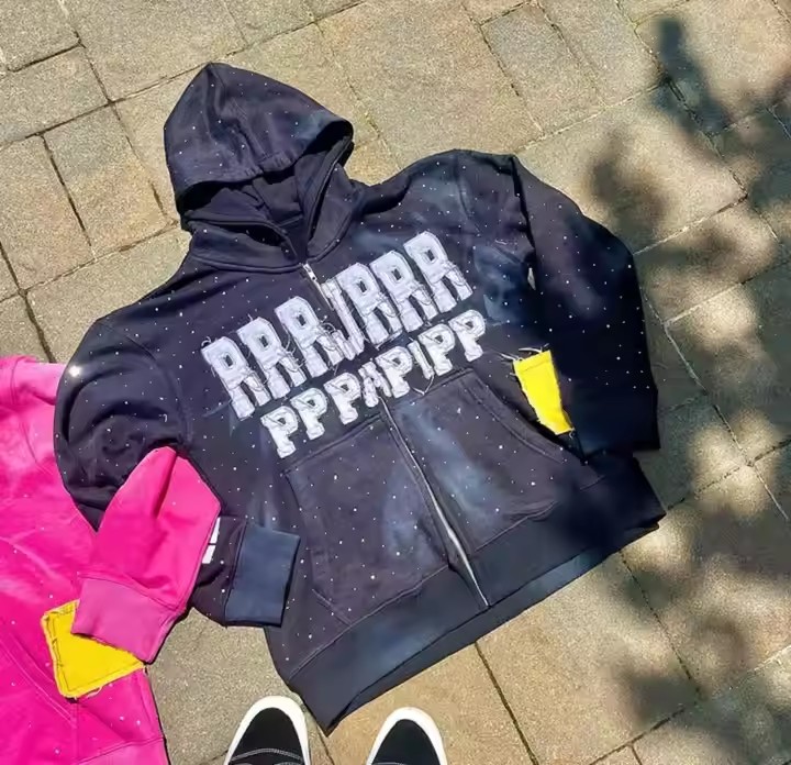 Custom Sun Faded 500gsm Distressed Patch Embroidery Men'S Hoodie Heavyweight Streetwear Acid Wash Zip up Hoodies Unisex