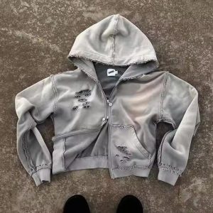 2025 Hot Sale Oversized Cropped Heavyweight Distressed Blank Zip up Hoodie Custom High Quality 450 500 Gsm Acid Wash Hoodie Men