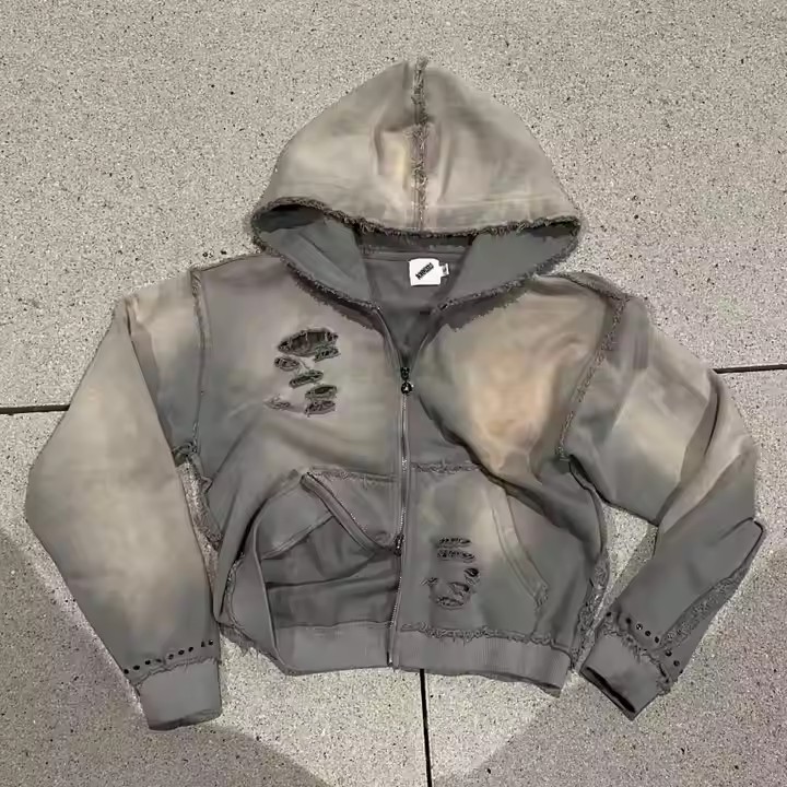 2025 Hot Sale Oversized Cropped Heavyweight Distressed Blank Zip up Hoodie Custom High Quality 450 500 Gsm Acid Wash Hoodie Men