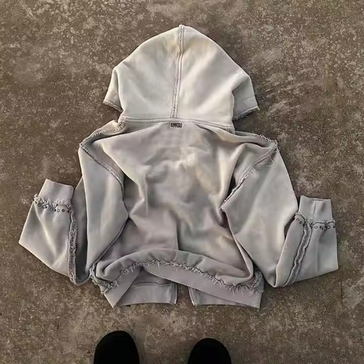 2025 Hot Sale Oversized Cropped Heavyweight Distressed Blank Zip up Hoodie Custom High Quality 450 500 Gsm Acid Wash Hoodie Men